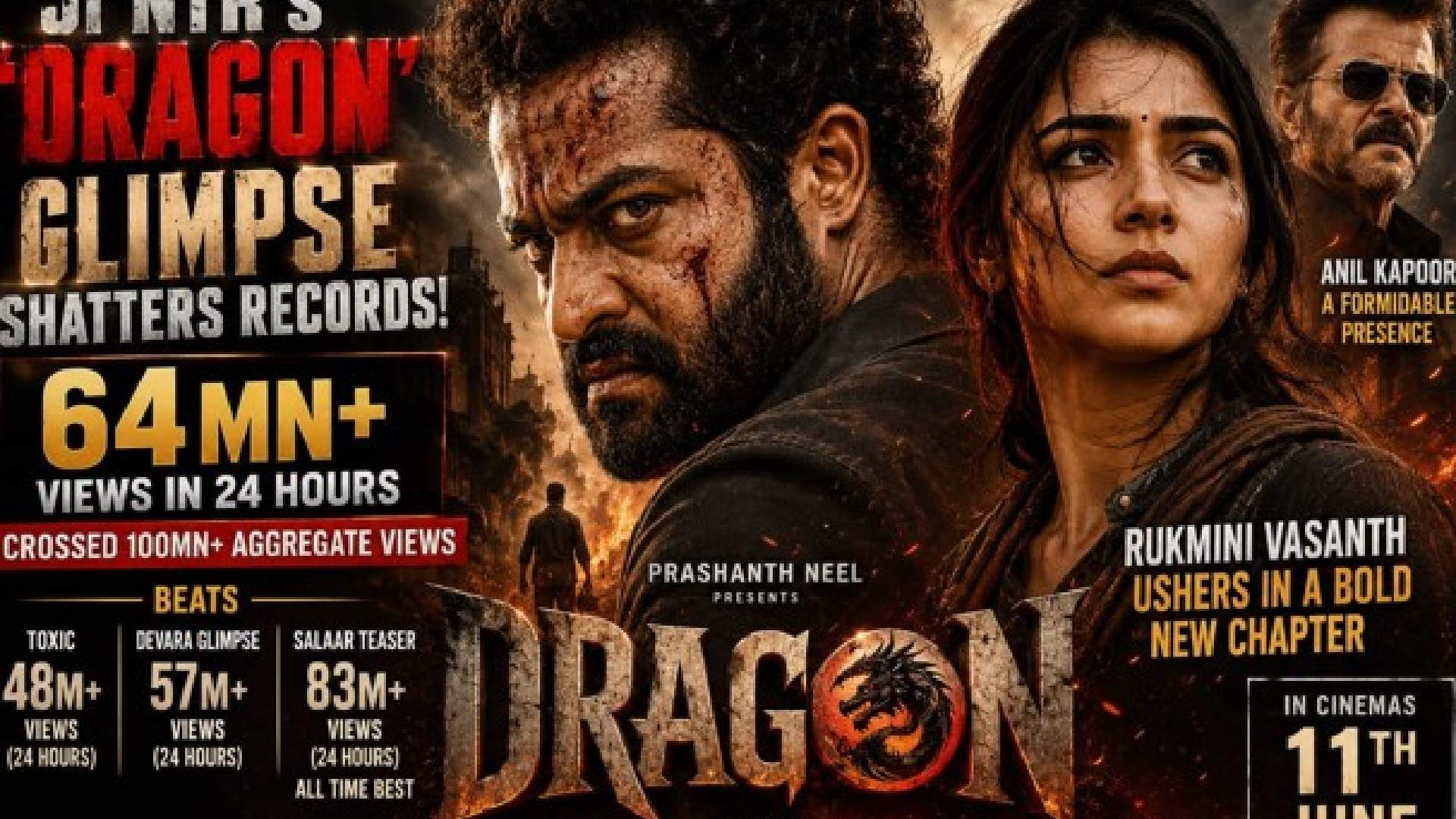 Jr NTR’s ‘Dragon’ Glimpse Shatters Records; Rukmini Vasanth Ushers In a Bold New Chapter