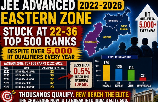 JEE Advanced 2022-2026: Eastern Zone, including Odisha, Stuck at 22-36 Top 500 Ranks Despite Over 5,000 IIT Qualifiers Every Year